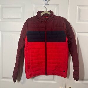 GAP Men’s M Red and Burgundy Colorblock Puffer Jacket with Black Panel